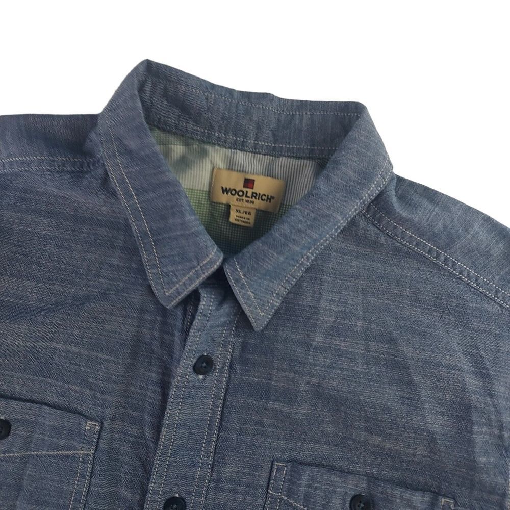 Woolrich Mens XL Blue Short Sleeve Button‎ Down Cotton Chambray Style Shirt